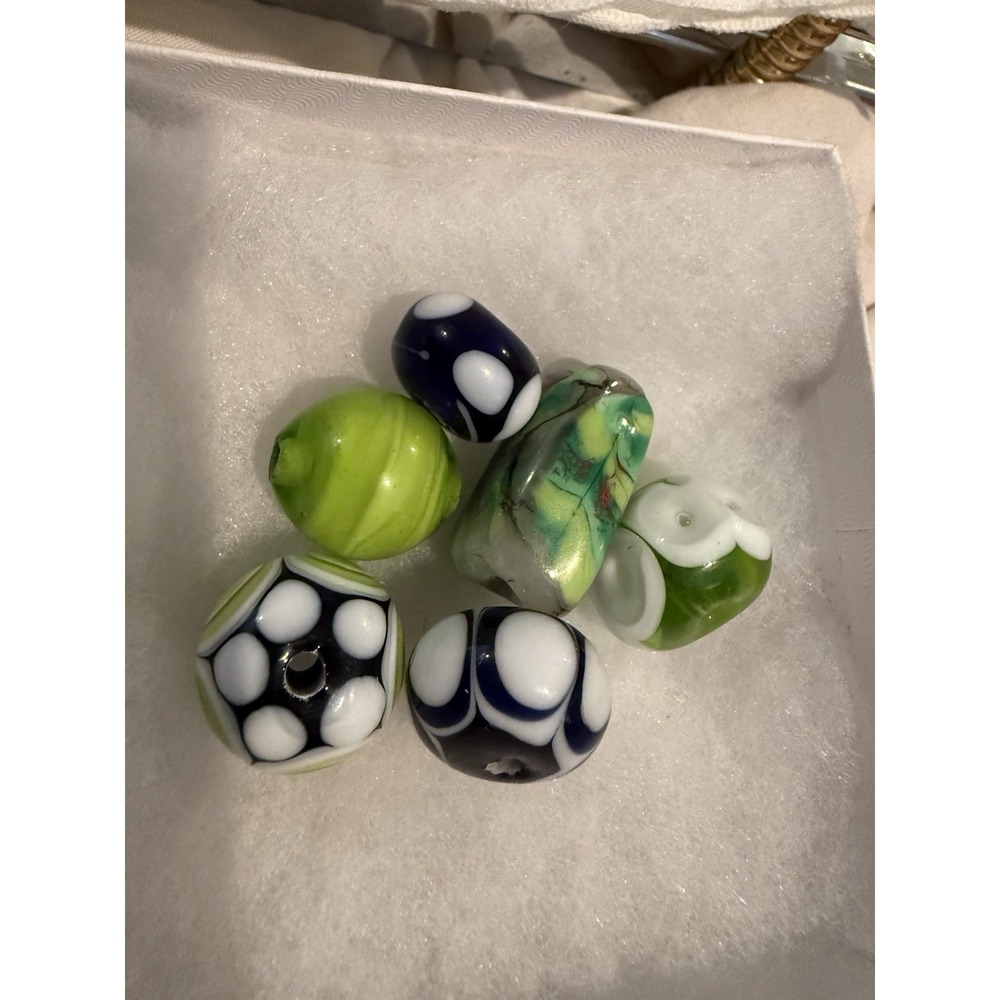 Handmade Artisan Lampwork Glass Bead Lot 6 Large Green Navy White Focal Beads
